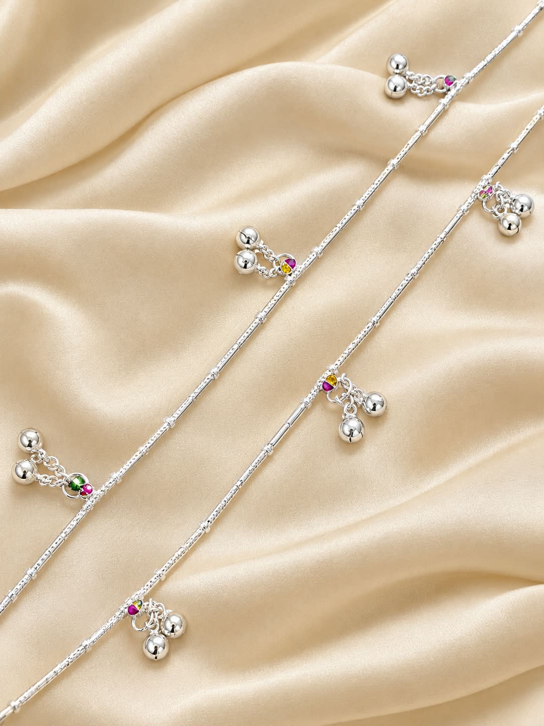 Elegant Silver Plated Anklet with Jhumka Bells and Multicolored Stones