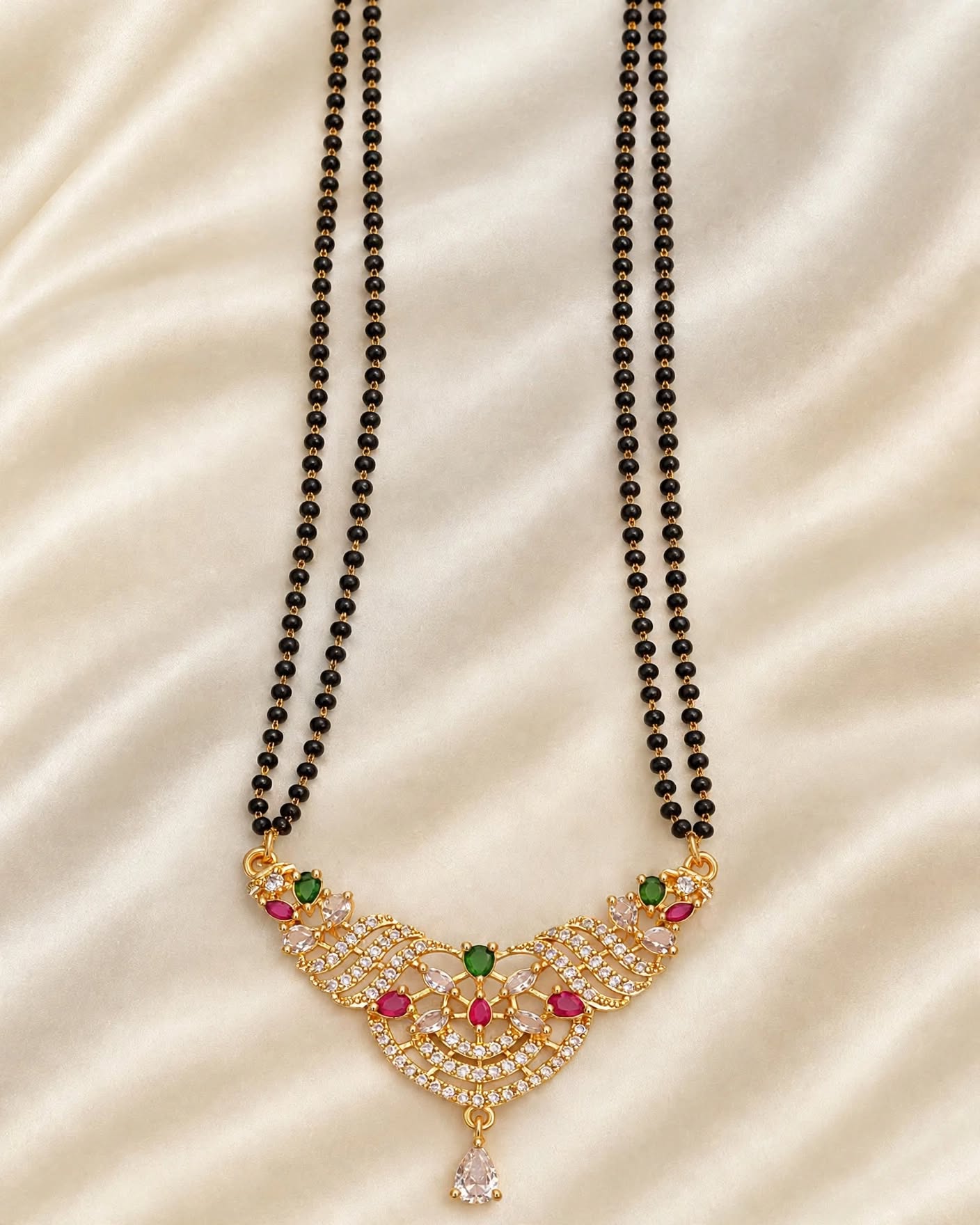 Elegant Gold Plated Mangalsutra with Black Beads and Multicolored Gemstones