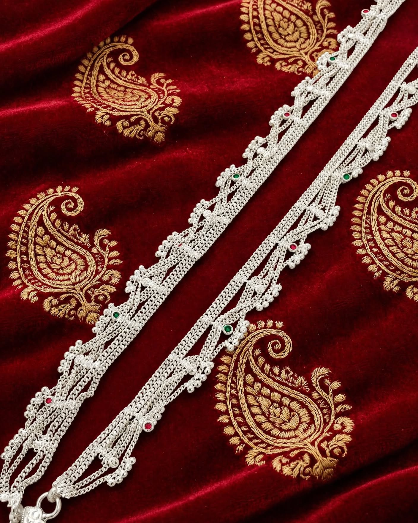 Traditional Silver Plated Multi-Strand Necklace with Red and Green Stone Accents