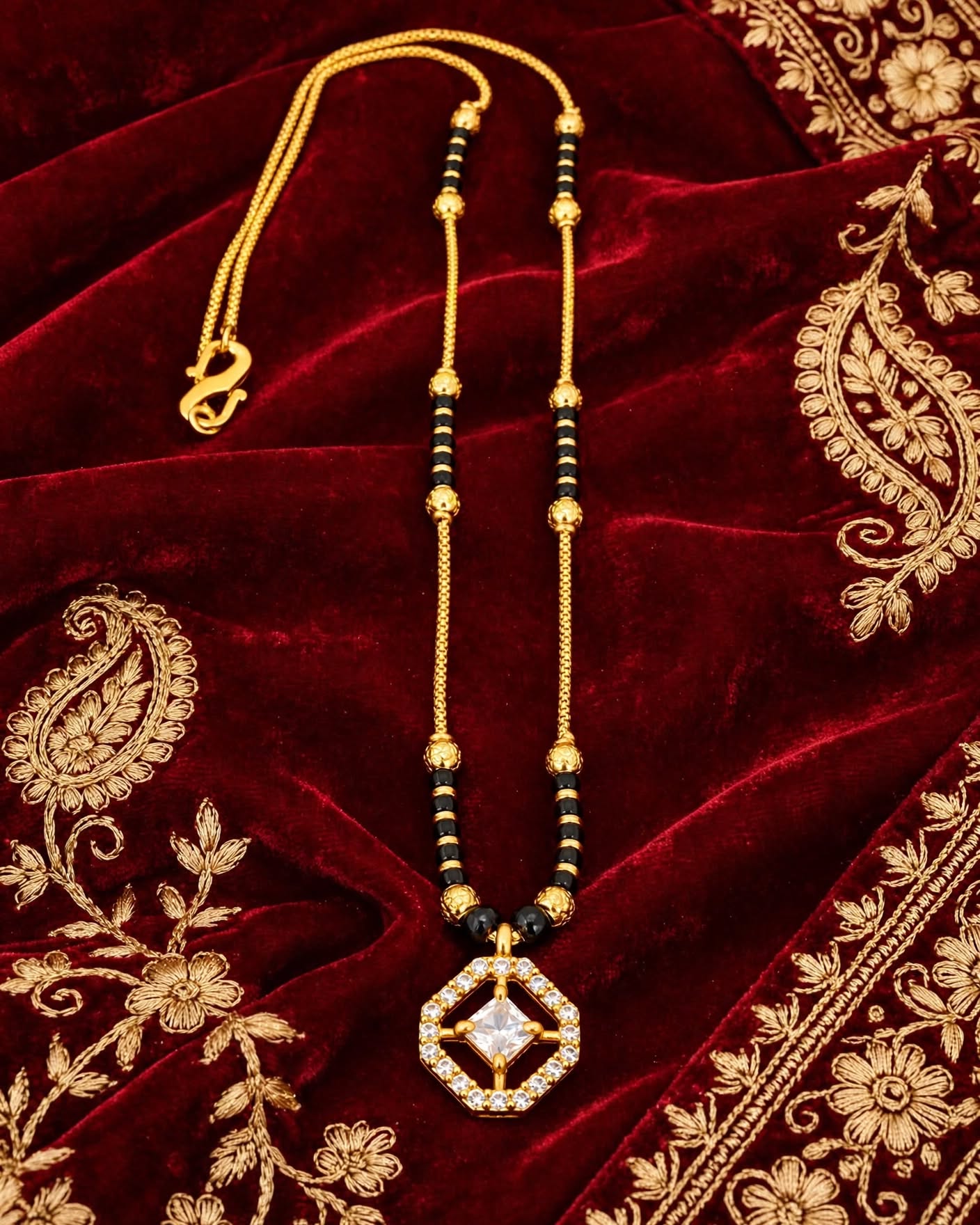 Elegant Gold Plated Black Beaded Mangalsutra with Diamond Studded Pendant