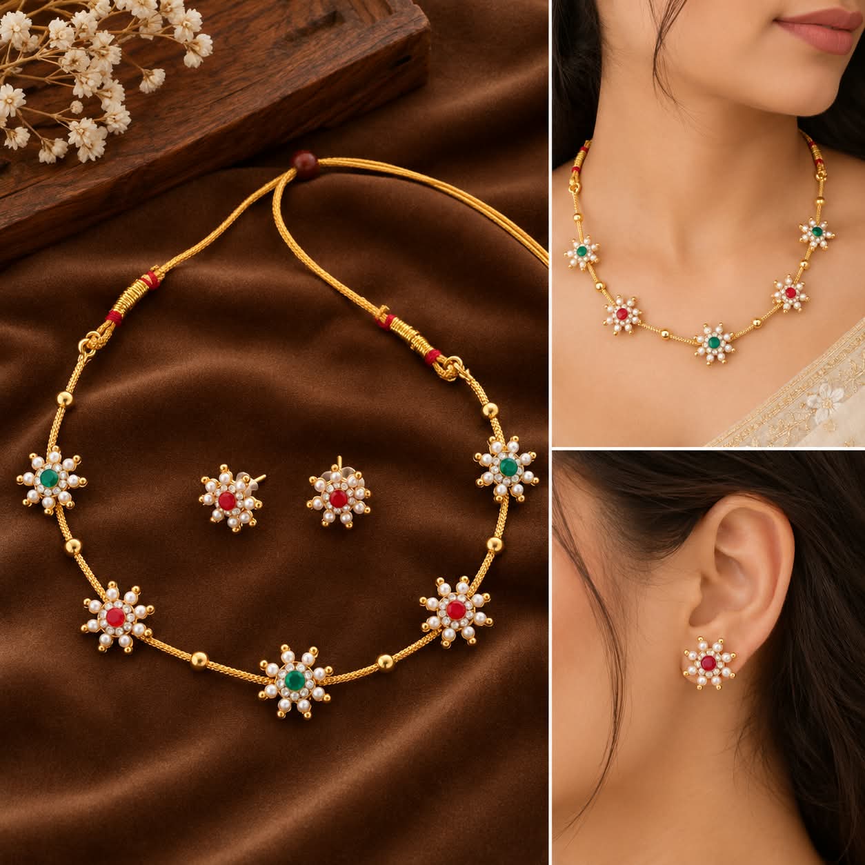 Gold Plated Pearl and Stone Necklace Set with Earrings - Traditional Bridal Jewelry