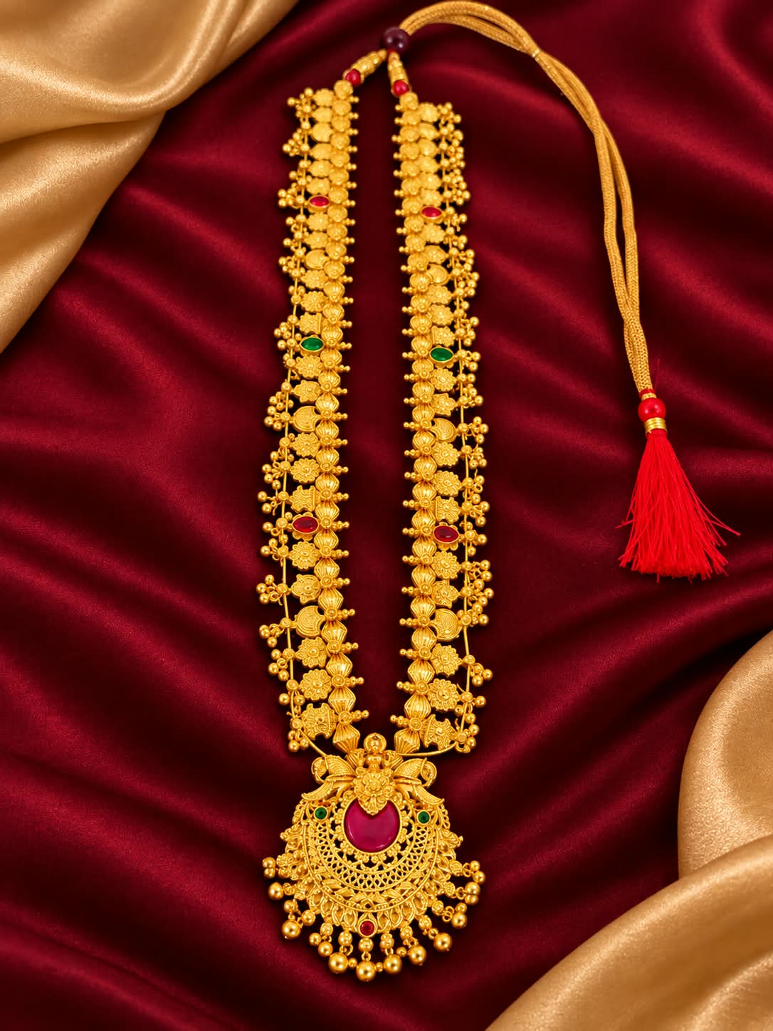 Traditional Gold Plated Temple Style Necklace with Tassel and Multi-Color Stones