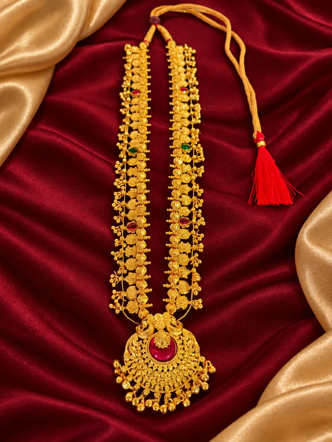 Traditional Gold Plated Temple Style Necklace with Red Stone Pendant and Tassel