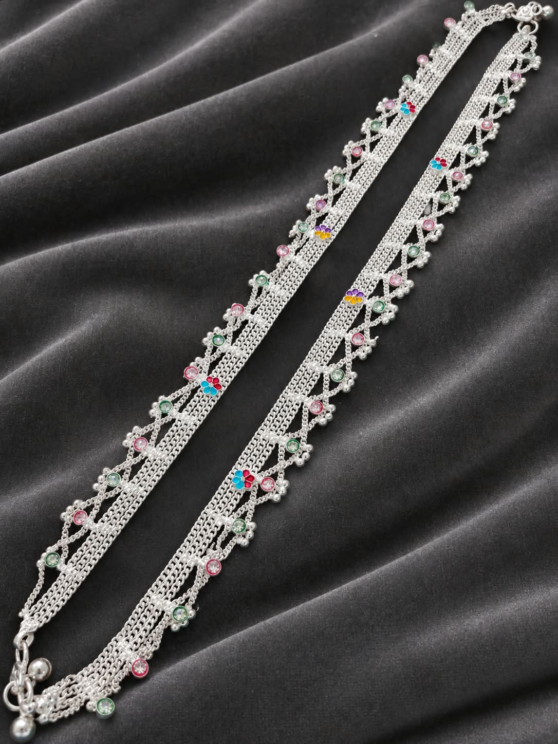 Elegant Silver Plated Zircon and Pearl Layered Necklace with Traditional Floral Motifs