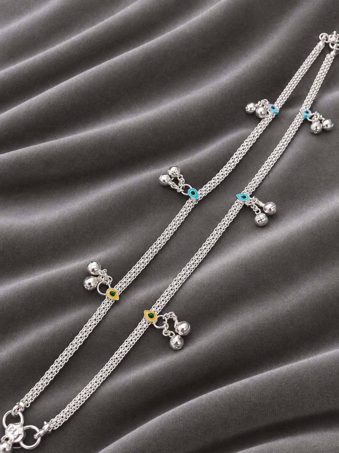 Silver Plated Temple Style Necklace with Antique Silver Bells and Colored Stone Drops