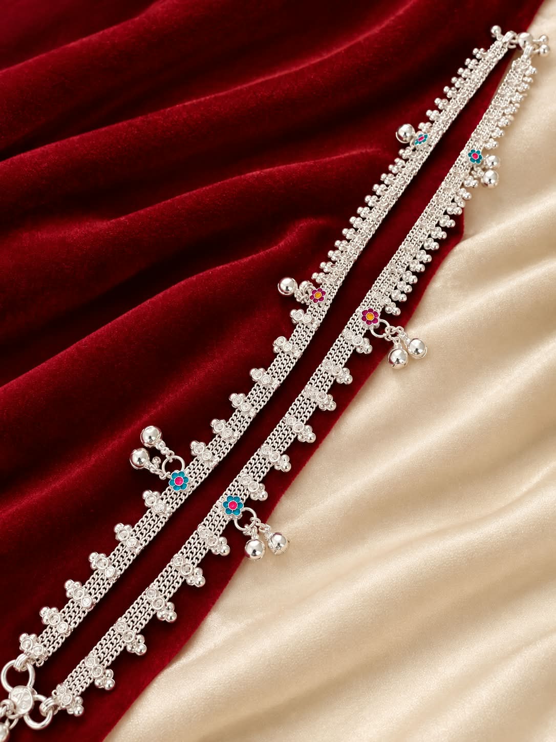 Traditional Silver Plated Temple Style Payal with Enamel Work and Jhumka Dangles