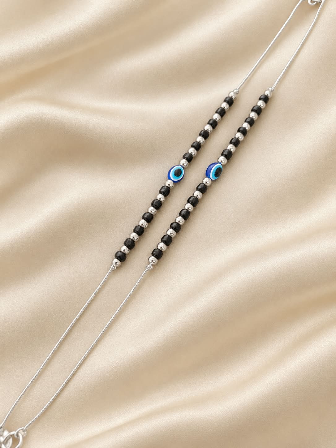 Silver Plated Evil Eye Beaded Necklace with Black & Silver Beads