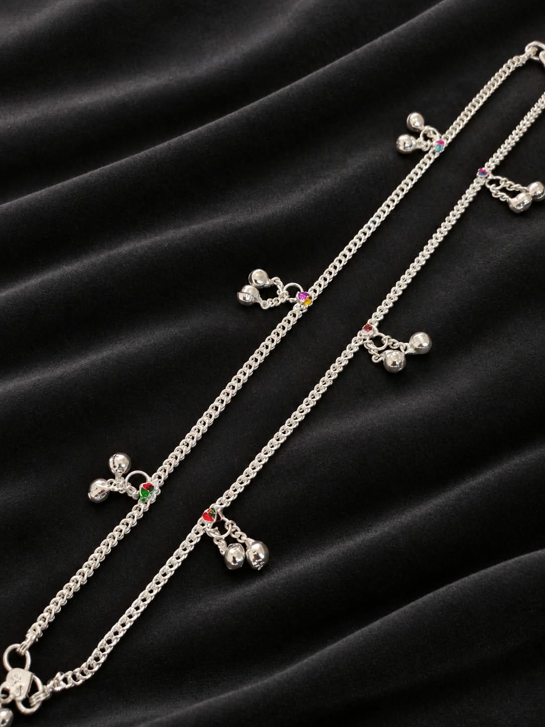 Elegant Silver Plated Chain Necklace with Colorful Stone Drops and Jhumka Charms