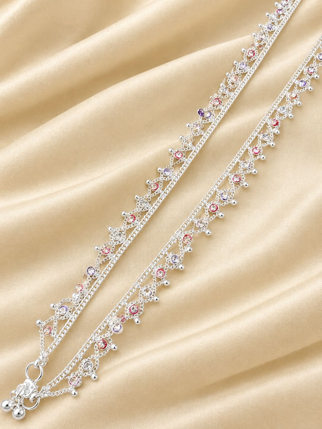 Elegant Silver Plated Multi-Strand Zircon Necklace with Floral Motifs