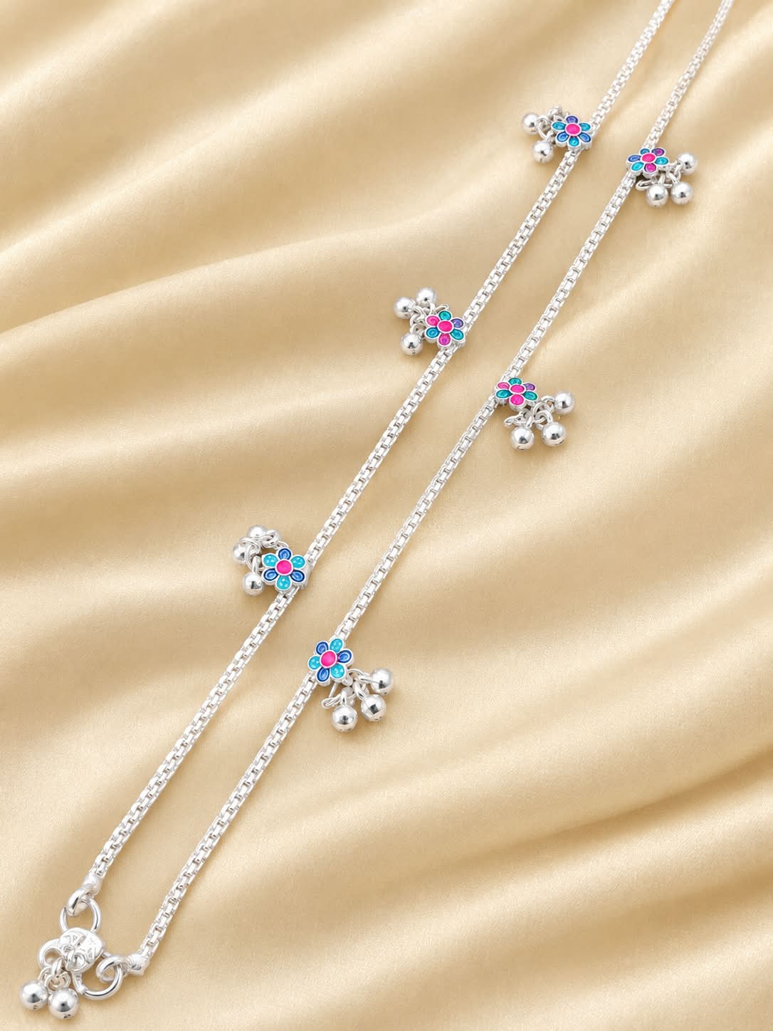 Silver Plated Temple Style Necklace with Colorful Enamel Flower and Jhoomer Dangles