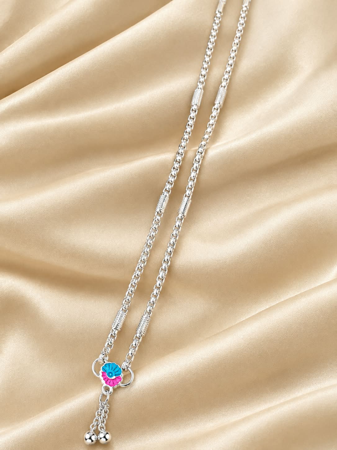Trendy Silver Plated Chain Necklace with Colorful Enamel Flower and Ball Drops