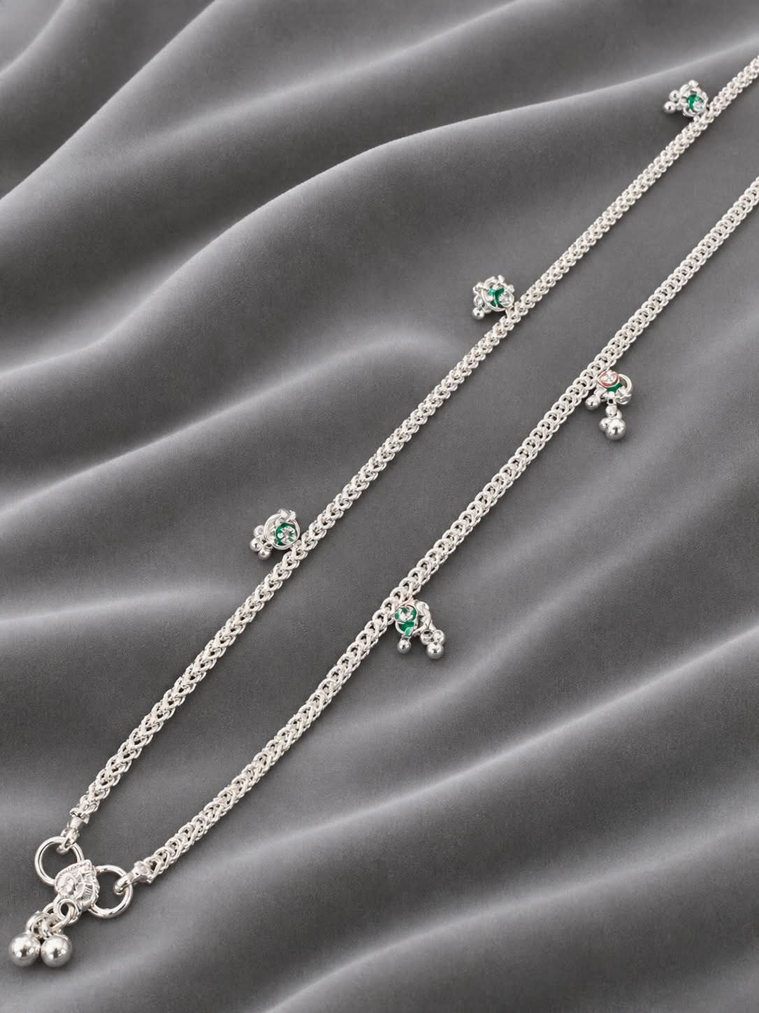 Silver Plated Kundan Green Stone Necklace with Pearl Drops and Zircon Accents