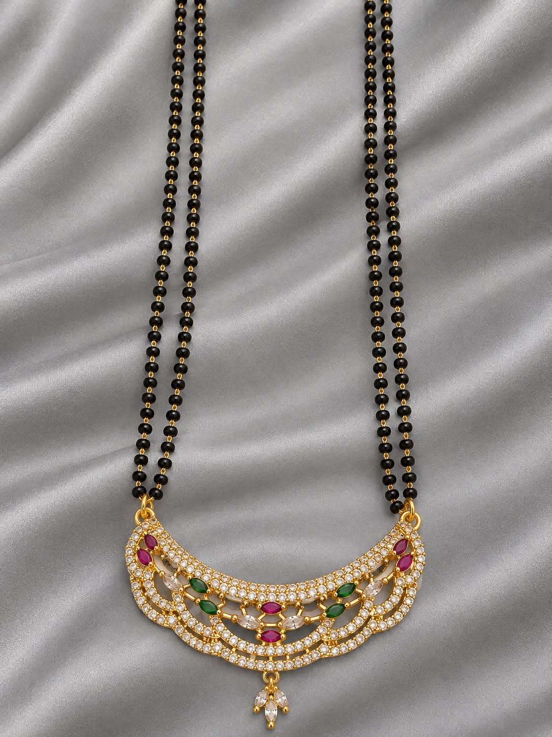 Traditional Gold Plated Black Bead Necklace with Multicolour Stone Pendant