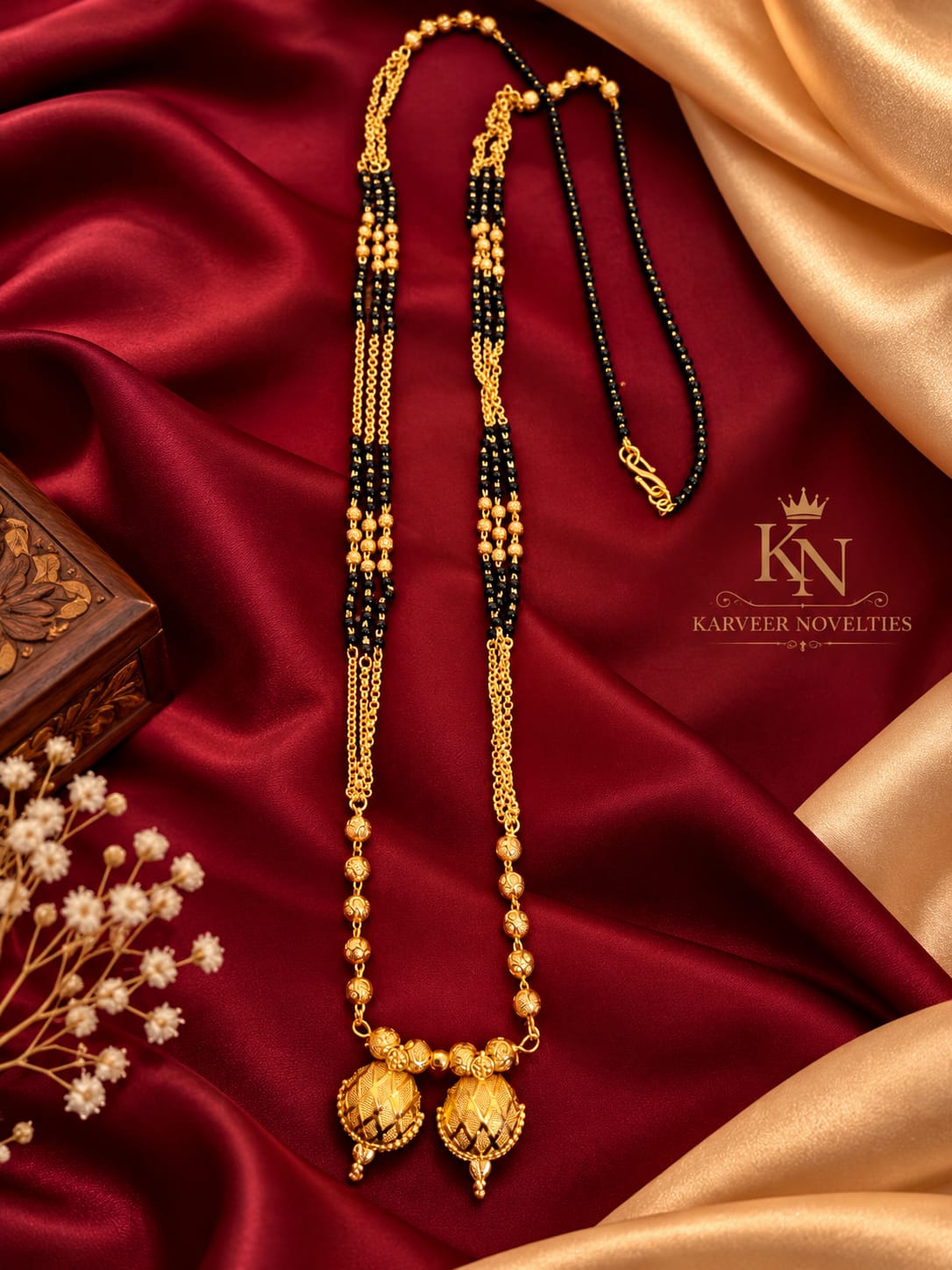 Traditional Gold Plated Black Bead Mangalsutra with Temple Style Pendant