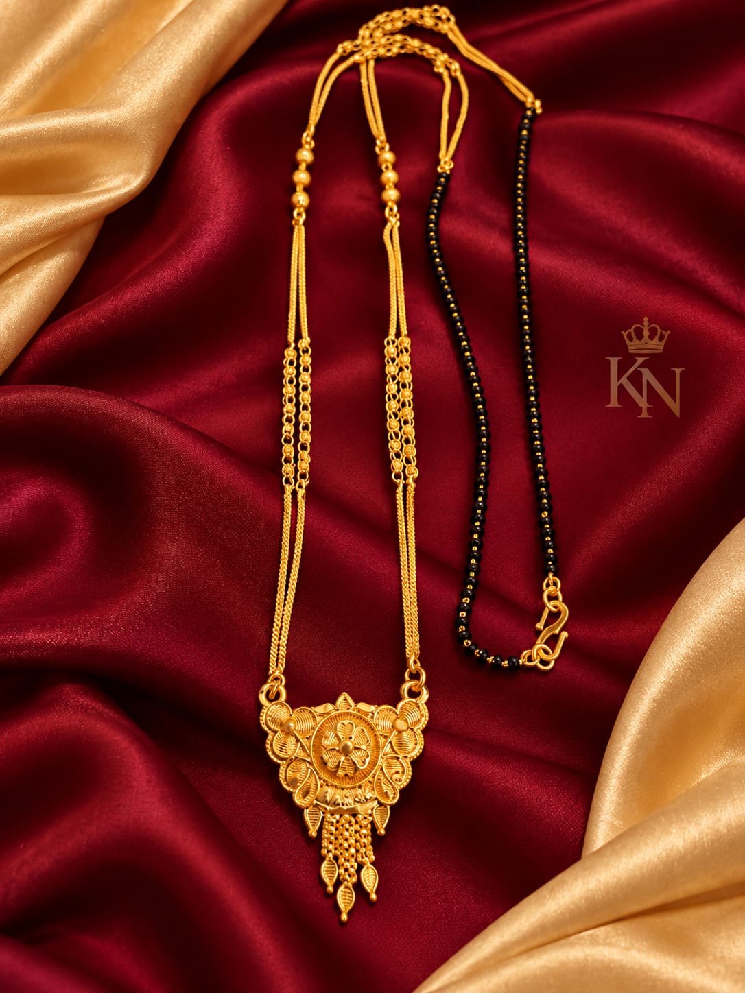Traditional Gold Plated Temple Style Mangalsutra with Black Beads and Gold Pendant