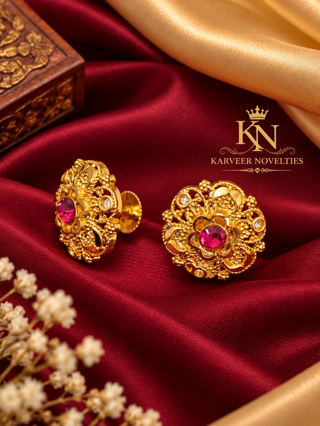 Elegant Gold Plated Jhumka Earrings with Red Stone and Zircon Embellishment