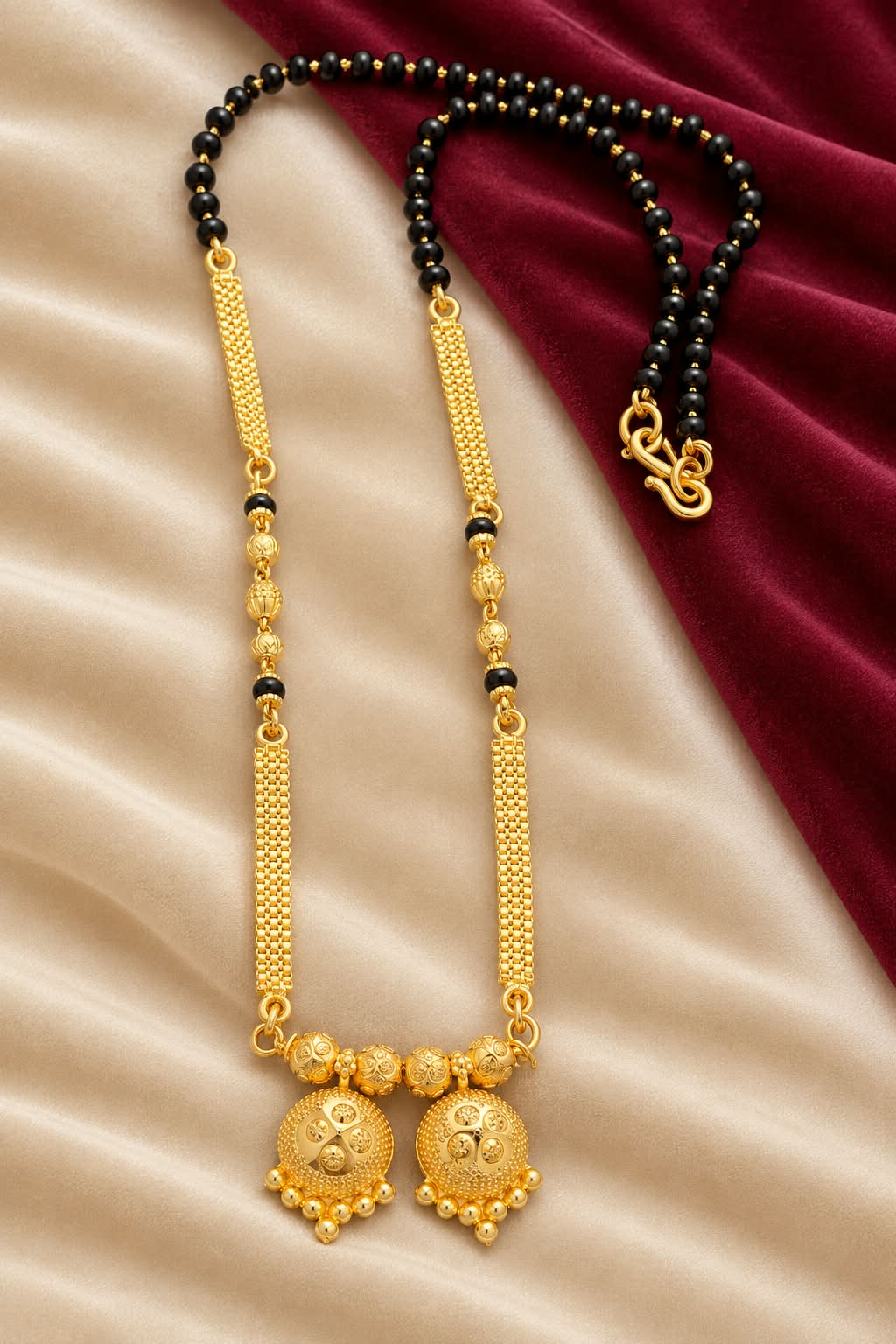 Traditional Gold Plated Black Beaded Necklace with Temple Style Jhumka Drops