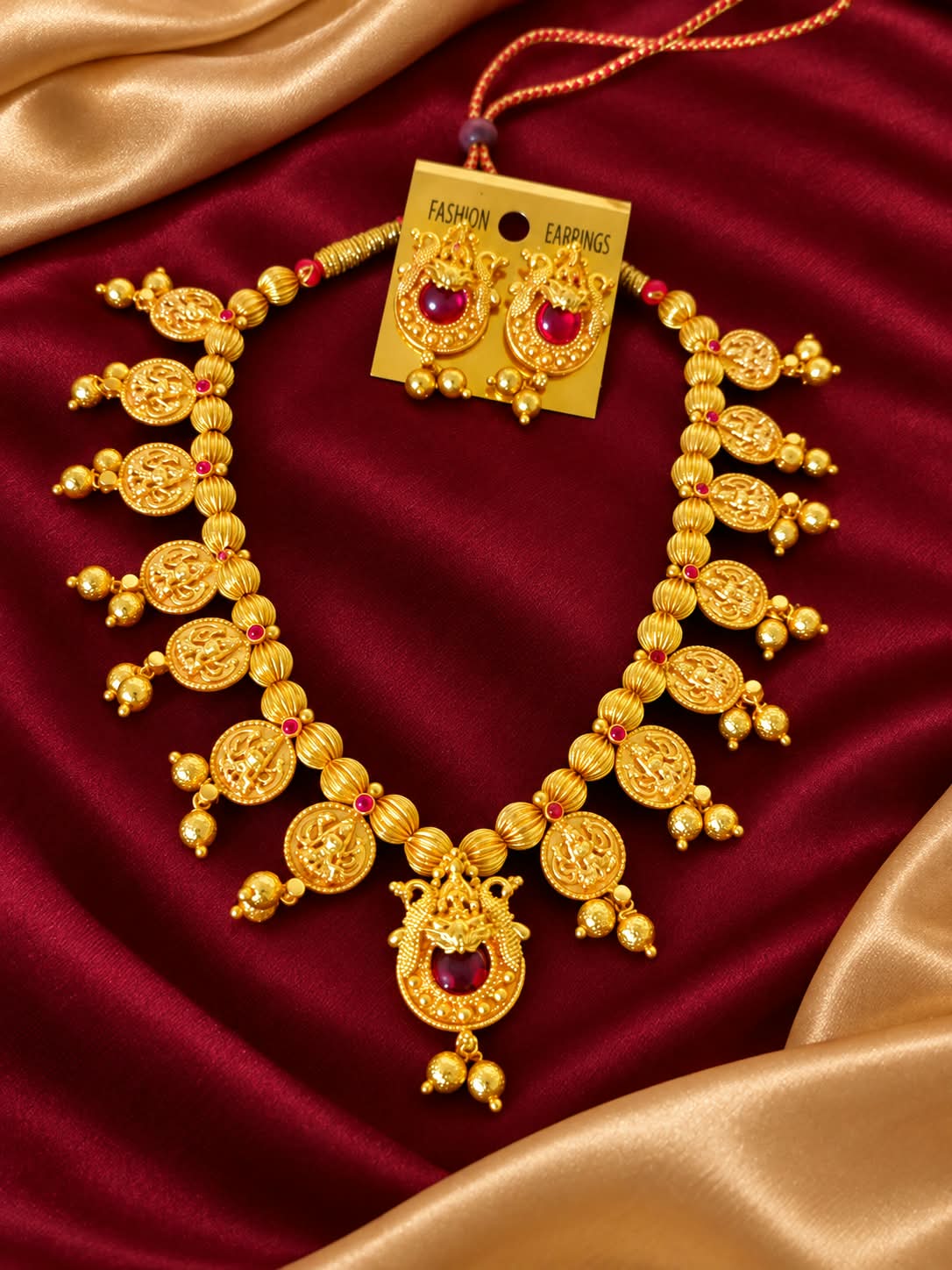 Traditional Gold Plated Temple Jewelry Necklace Set with Om Motifs and Red Stone Earrings